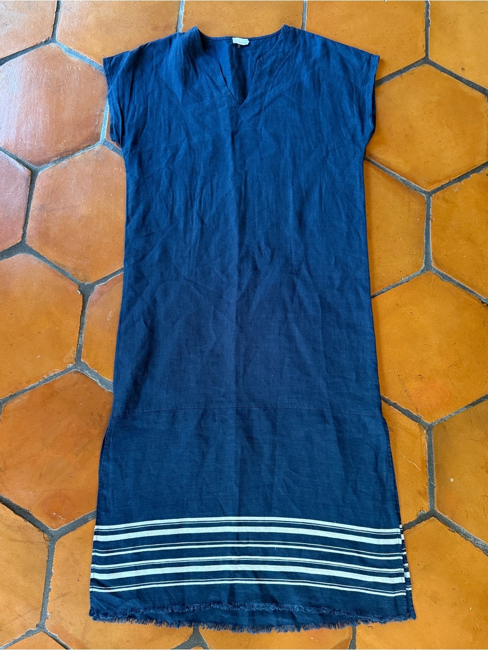 Ecru 100% Linen Maxi Dress Size M Navy Blue Coastal Resort Nautical Modern